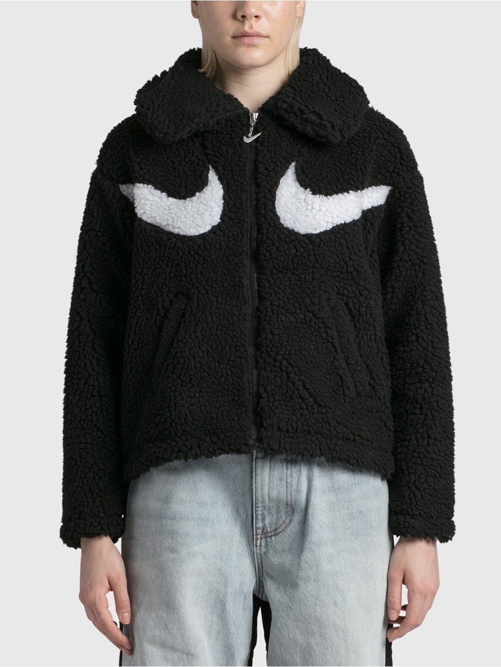 Nike Black Sherpa Jacket with White Swoosh Accents Size M